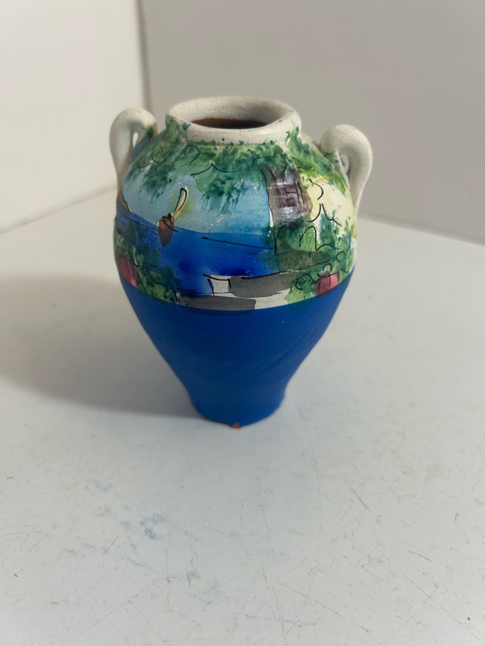 Vintage 2001 hand painted clay terracotta vase from Santorini Greece